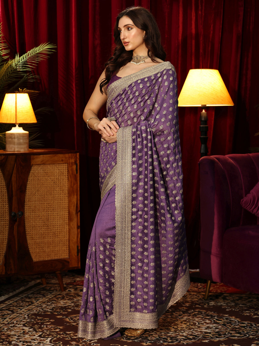  Antique Purple Embellished Silk Blend Saree 