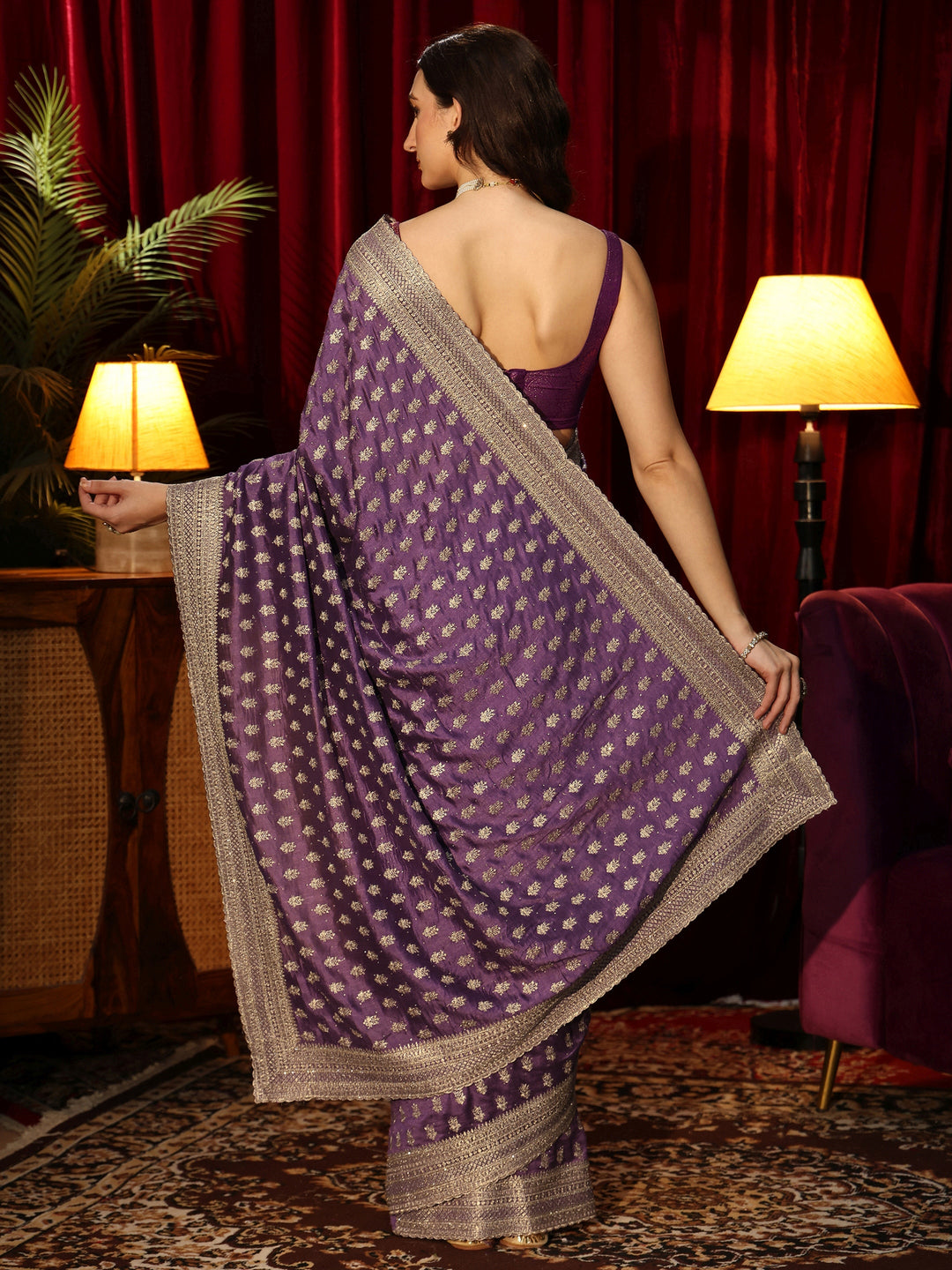  Antique Purple Embellished Silk Blend Saree 