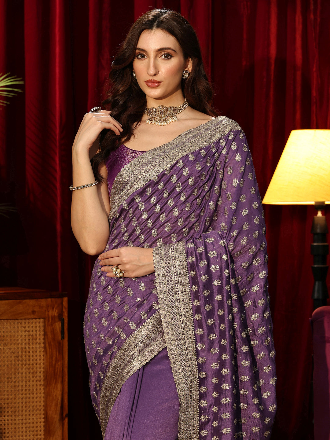  Antique Purple Embellished Silk Blend Saree 