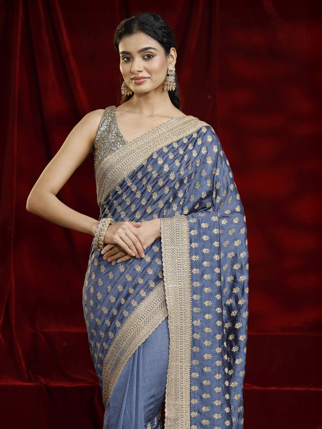  Libas Blue Ethnic Motif Embroidered Silk blend Saree 