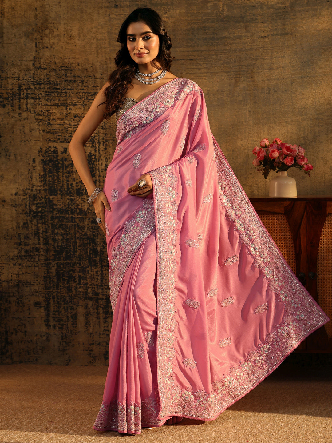  Libas Blush Pink Floral Embroidered Satin Saree 