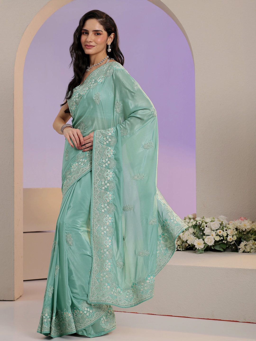  Libas Aqua Blue Embroidered Satin Saree 