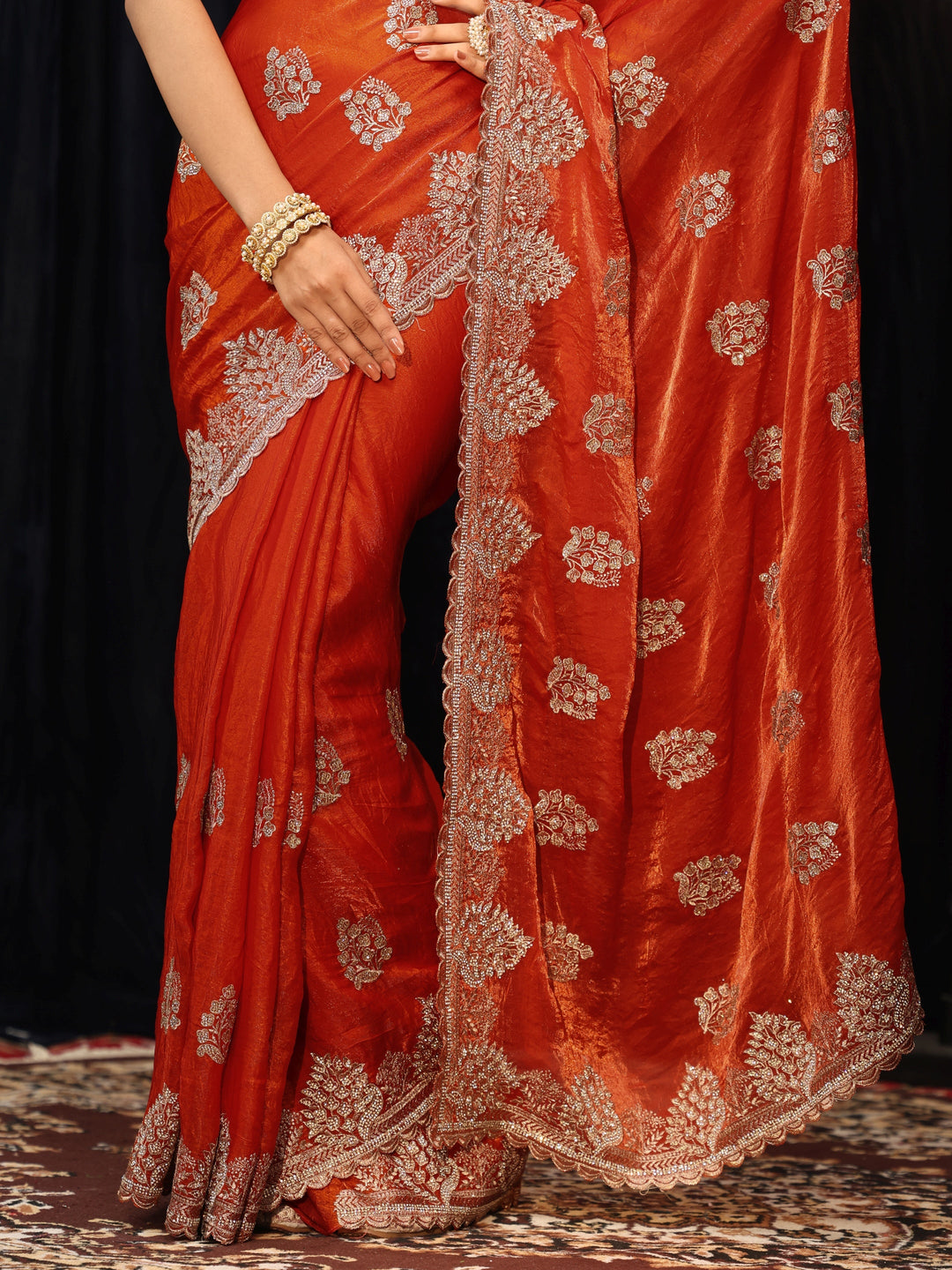  Burnt Orange Floral Embellished Tissue Saree 