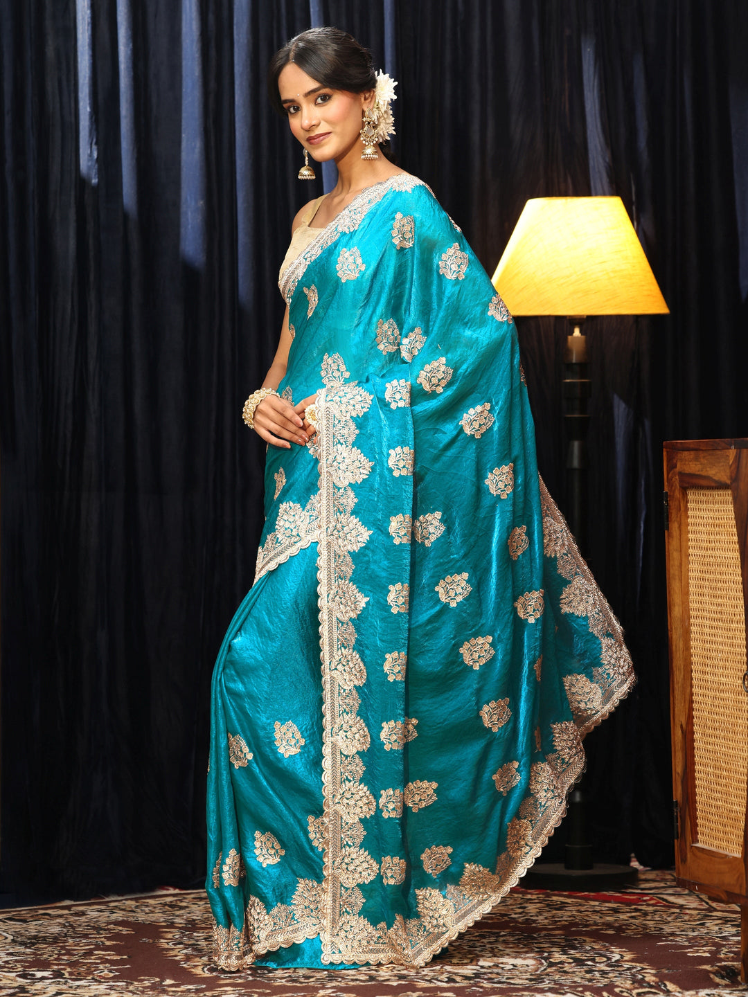  Turquoise Blue Floral Embellished Tissue Saree 