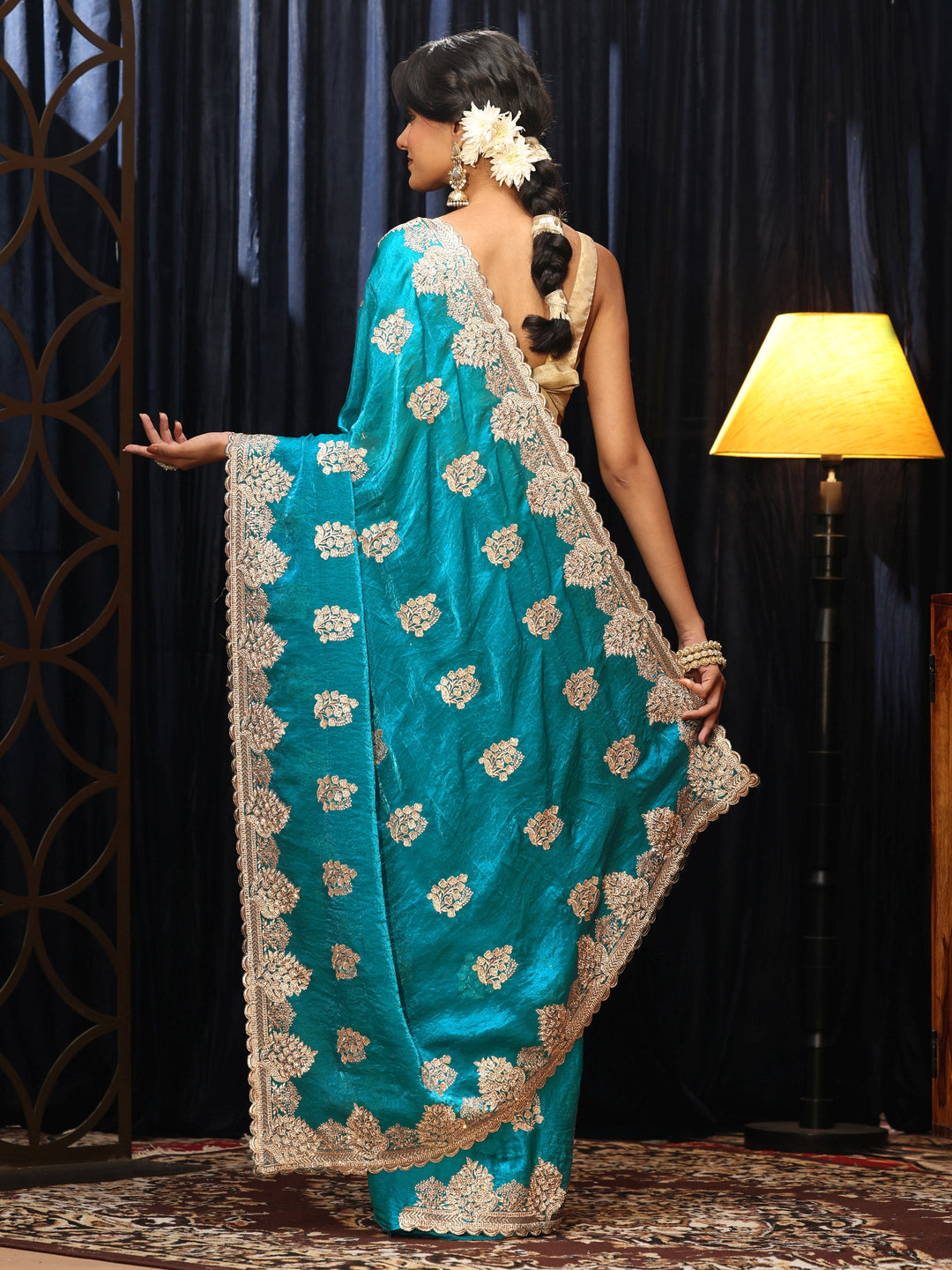  Turquoise Blue Floral Embellished Tissue Saree 