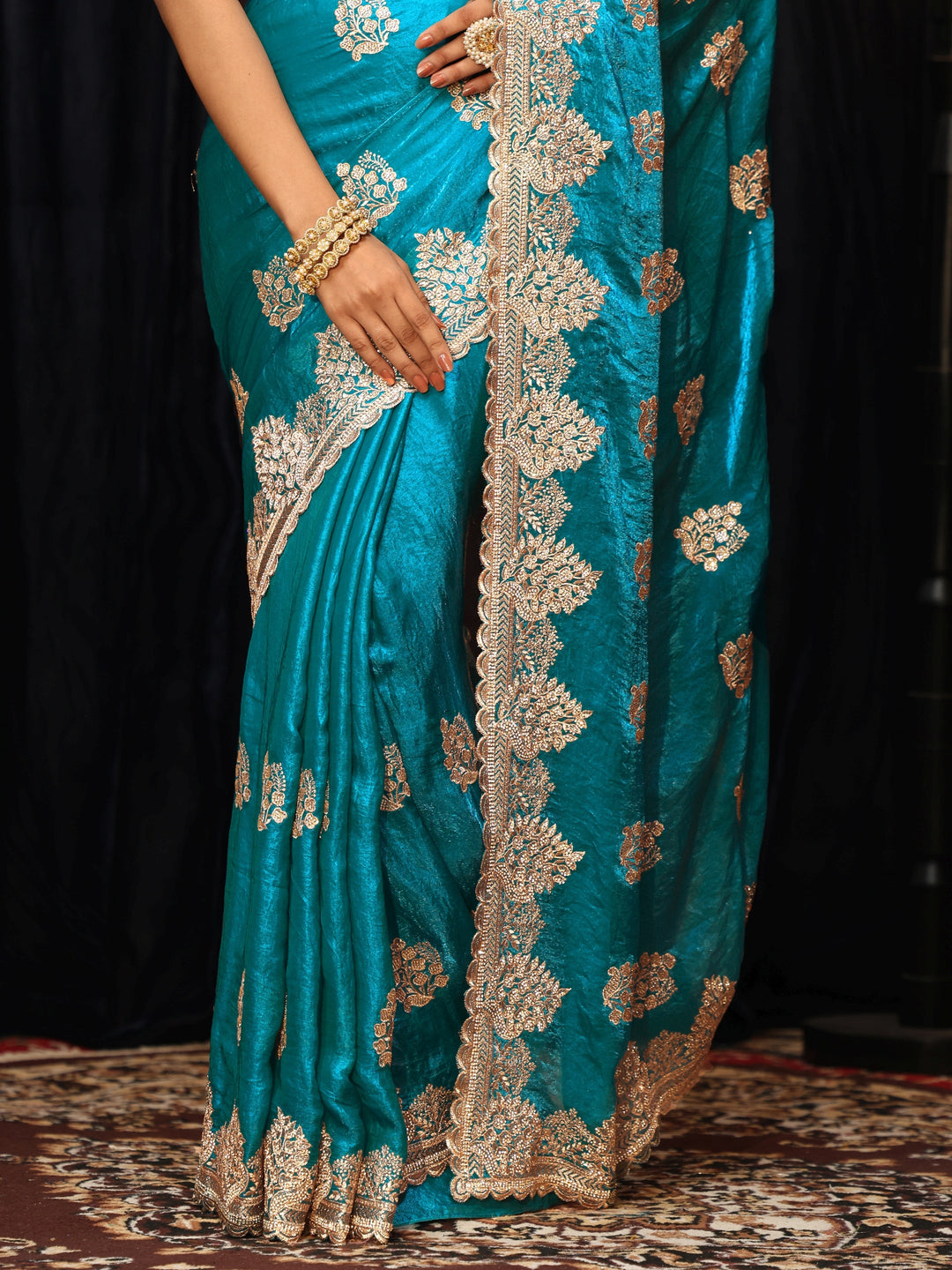  Turquoise Blue Floral Embellished Tissue Saree 