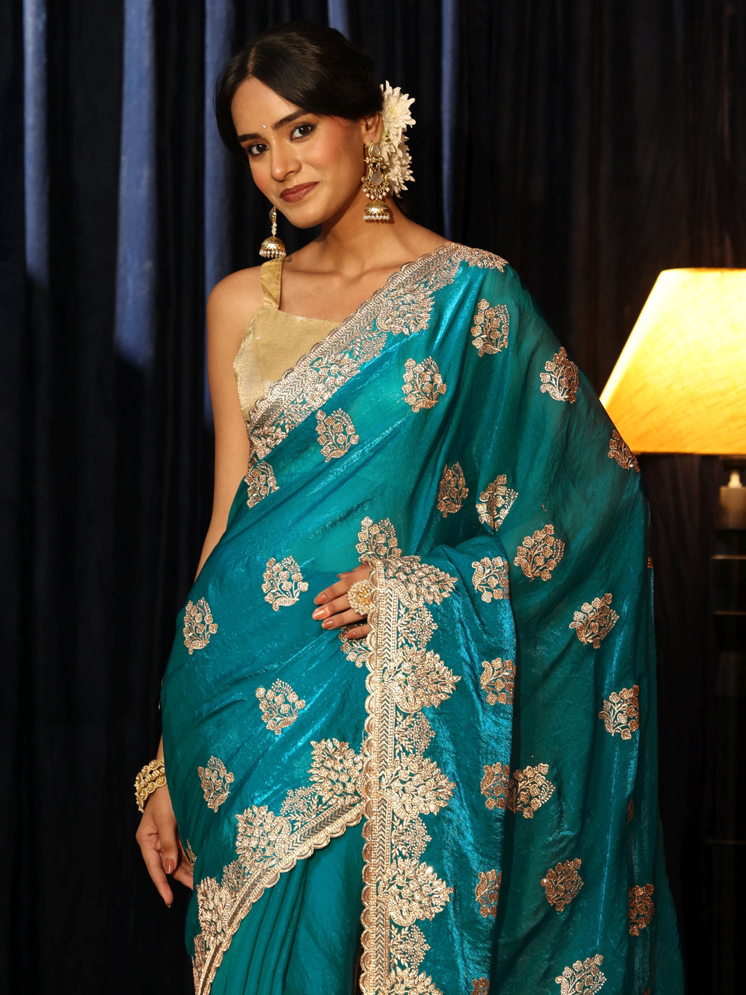  Turquoise Blue Floral Embellished Tissue Saree 