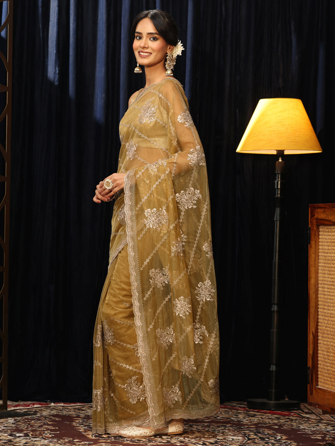 Butter Yellow Floral Embellished Net Saree 