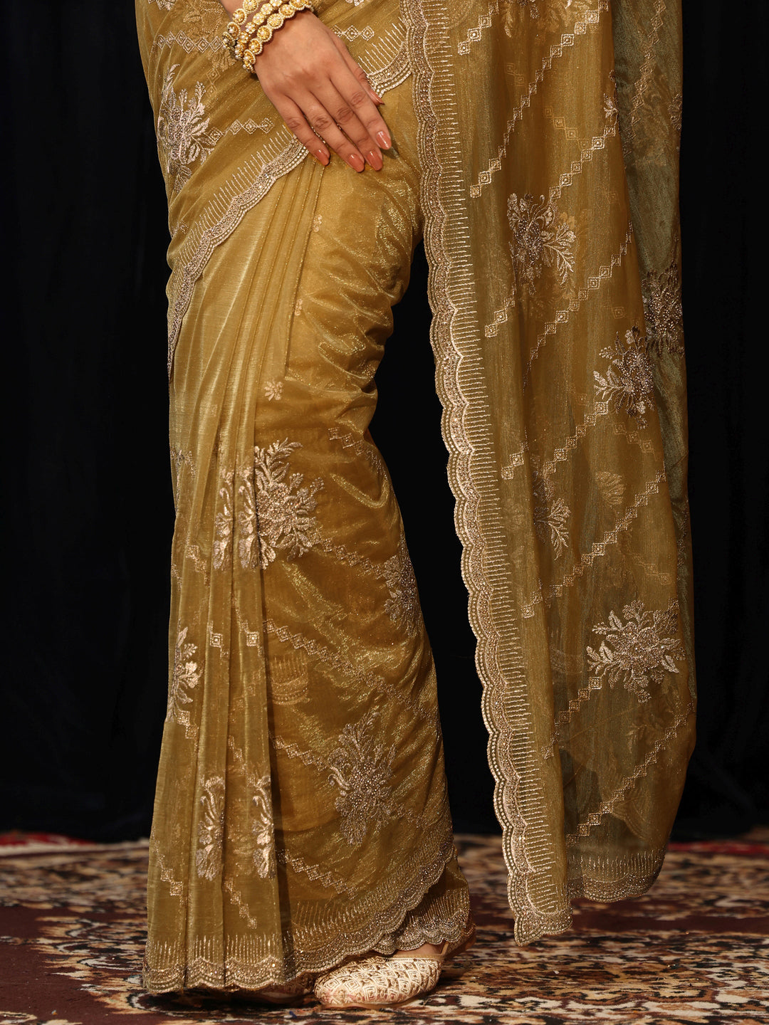  Butter Yellow Floral Embellished Net Saree 