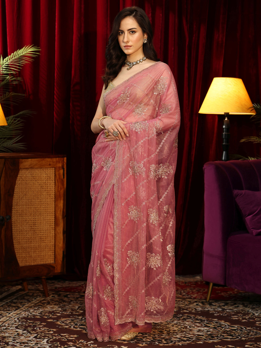  Blush Pink Floral Embellished Net Saree 