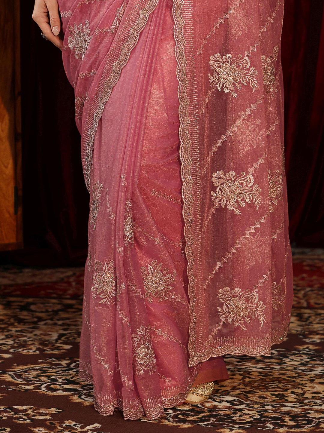  Blush Pink Floral Embellished Net Saree 