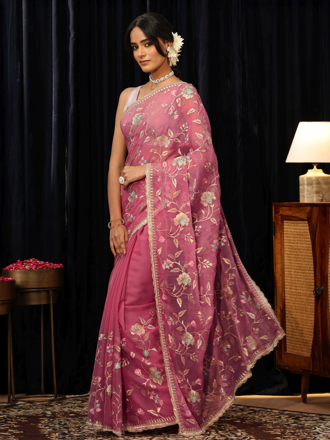  Bubblegum Pink Embroidered Chiffon Saree 