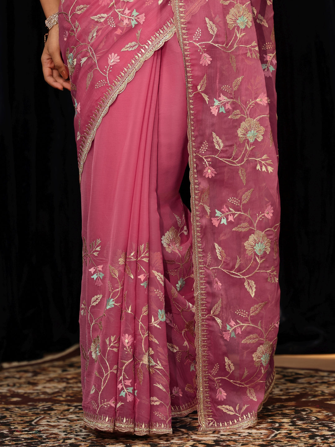  Bubblegum Pink Embroidered Chiffon Saree 