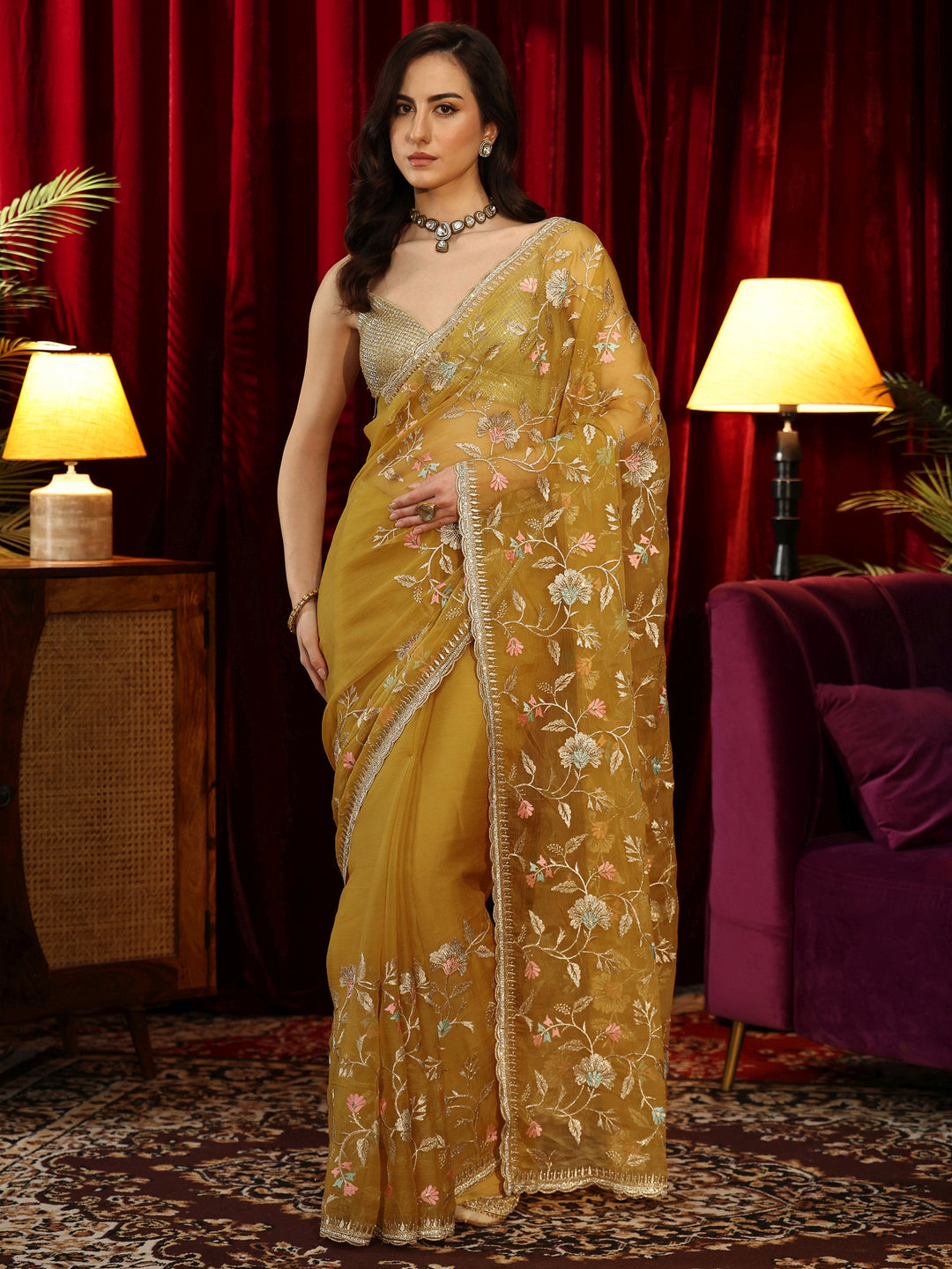  Mustard Floral Embroidered Chiffon Saree 
