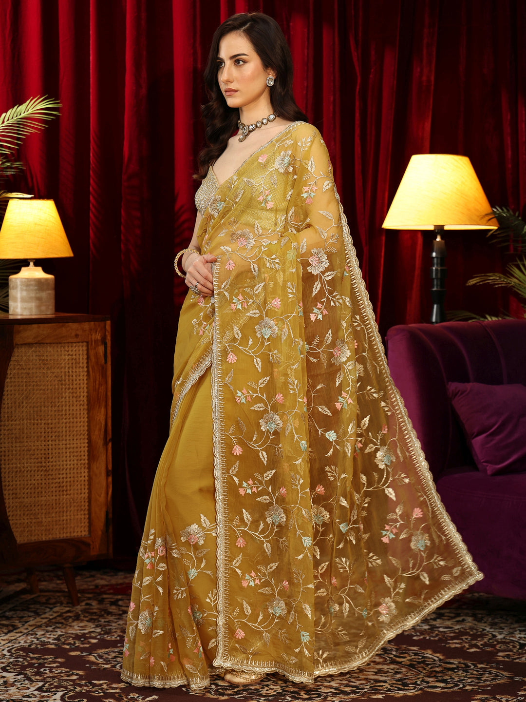  Mustard Floral Embroidered Chiffon Saree 