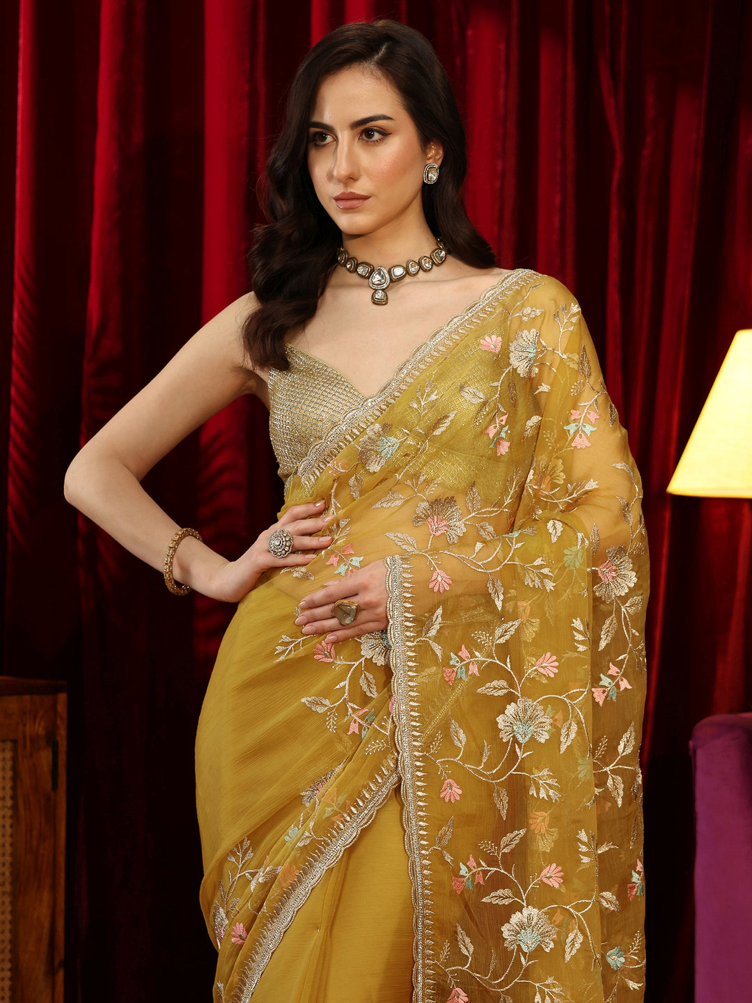  Mustard Floral Embroidered Chiffon Saree 