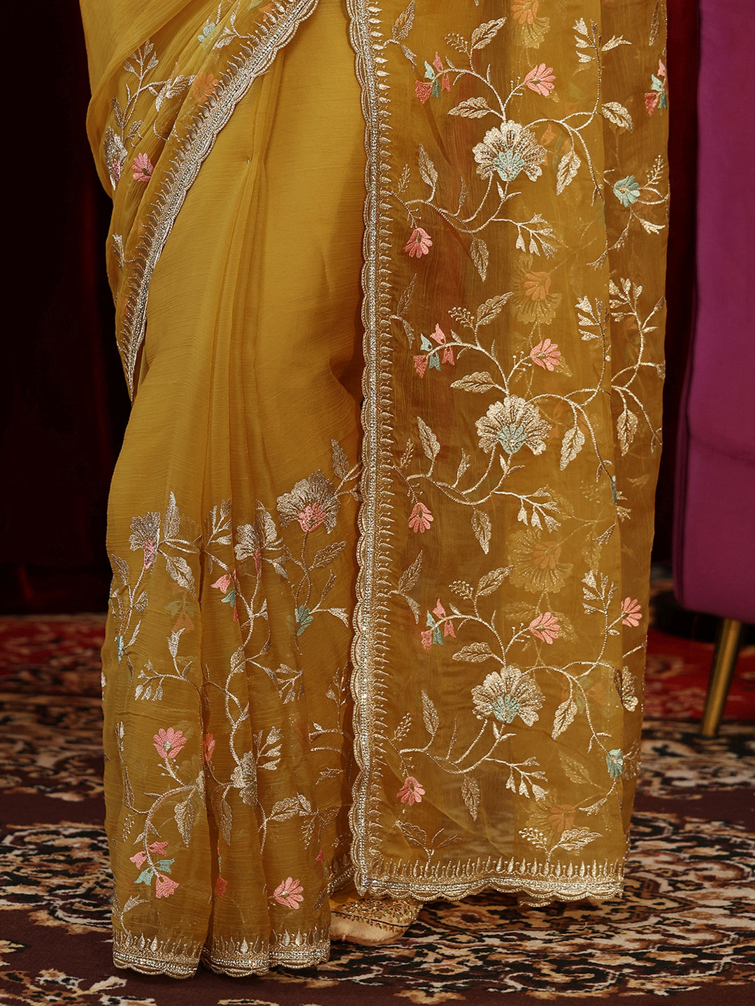  Mustard Floral Embroidered Chiffon Saree 