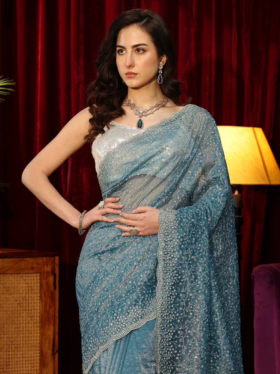  Aqua Blue Embellished Net Saree 