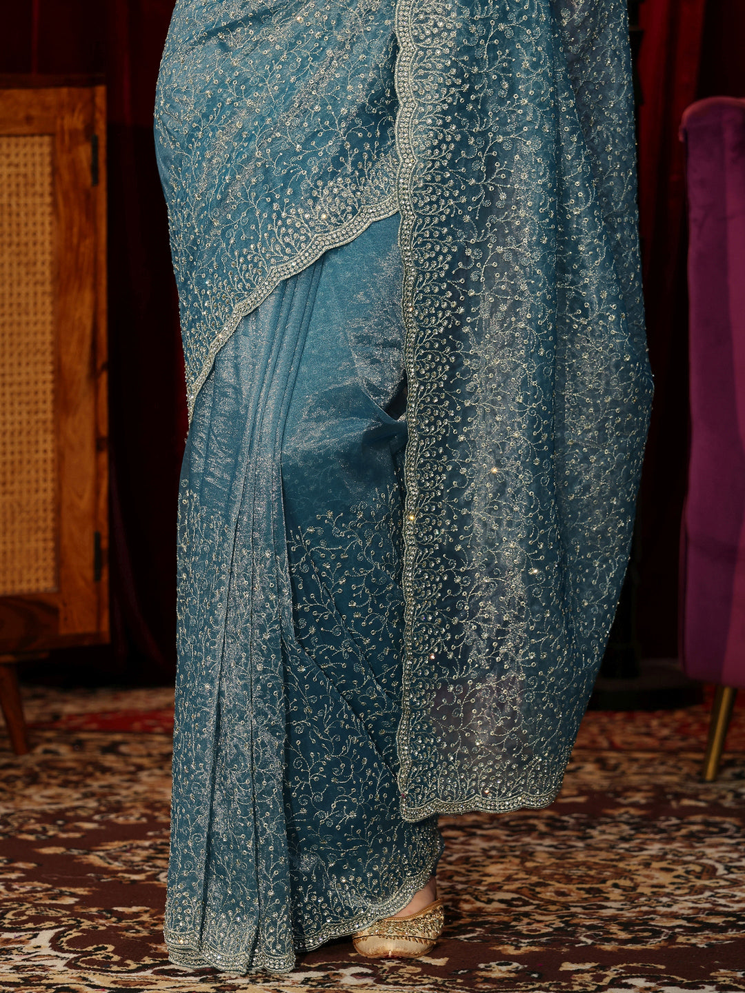  Aqua Blue Embellished Net Saree 