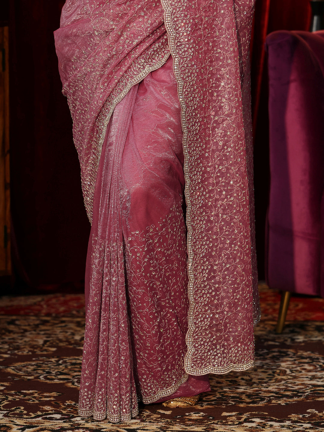  Bubblegum Pink Embellished Net Saree 