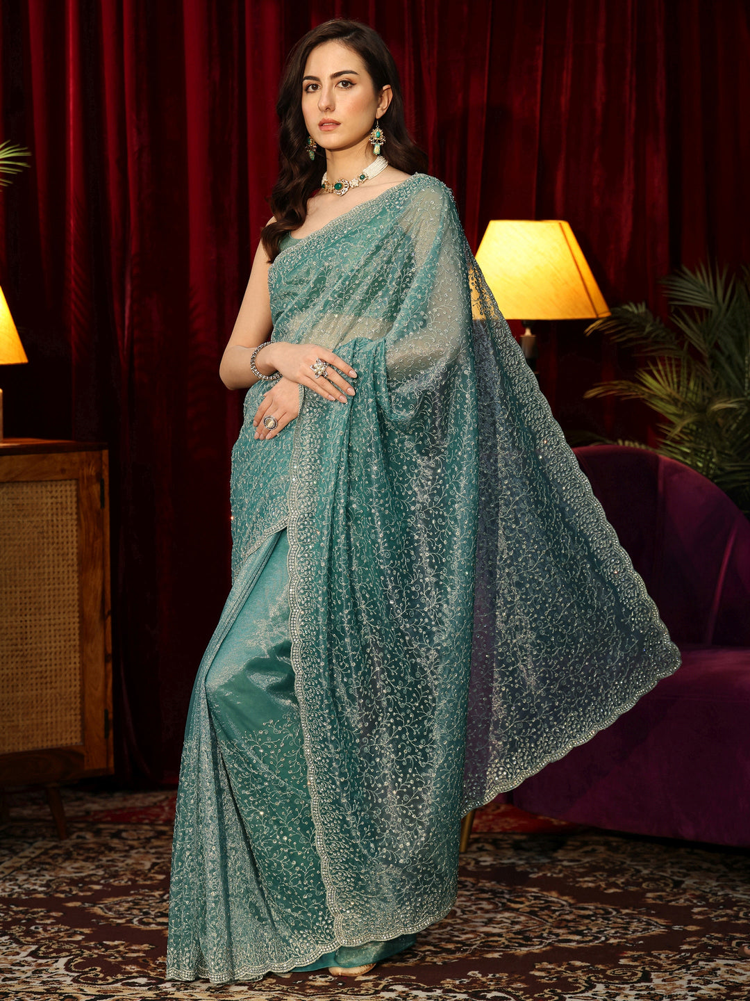  Jade Green Embellished Net Saree 