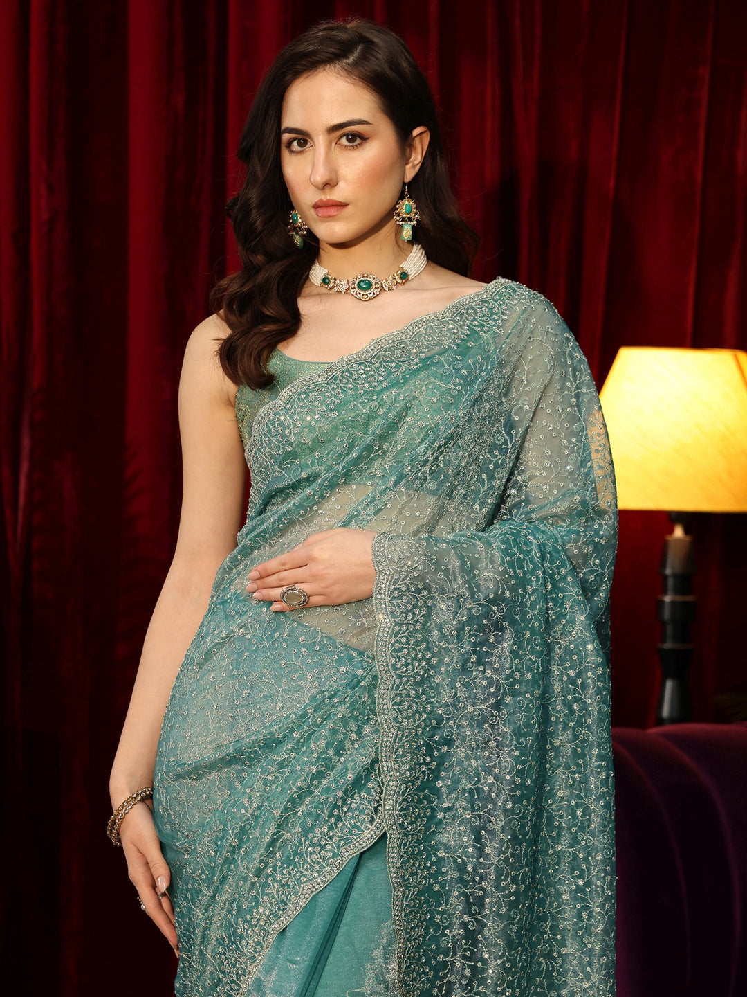  Jade Green Embellished Net Saree 