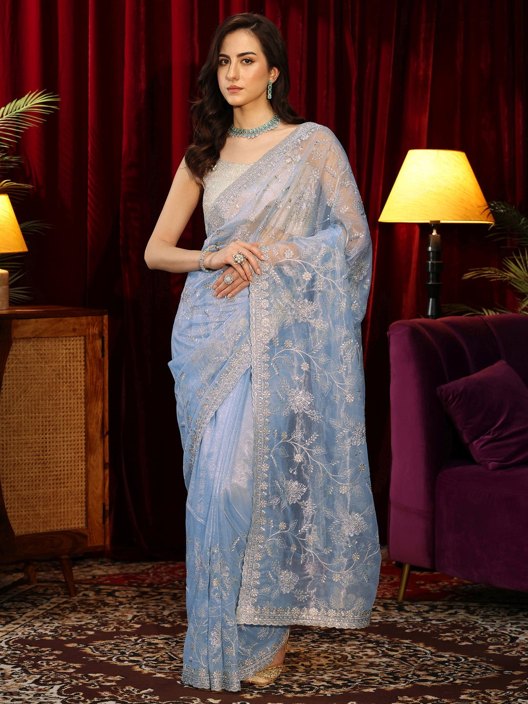  Periwinkle Blue Floral Embellished Net Saree 