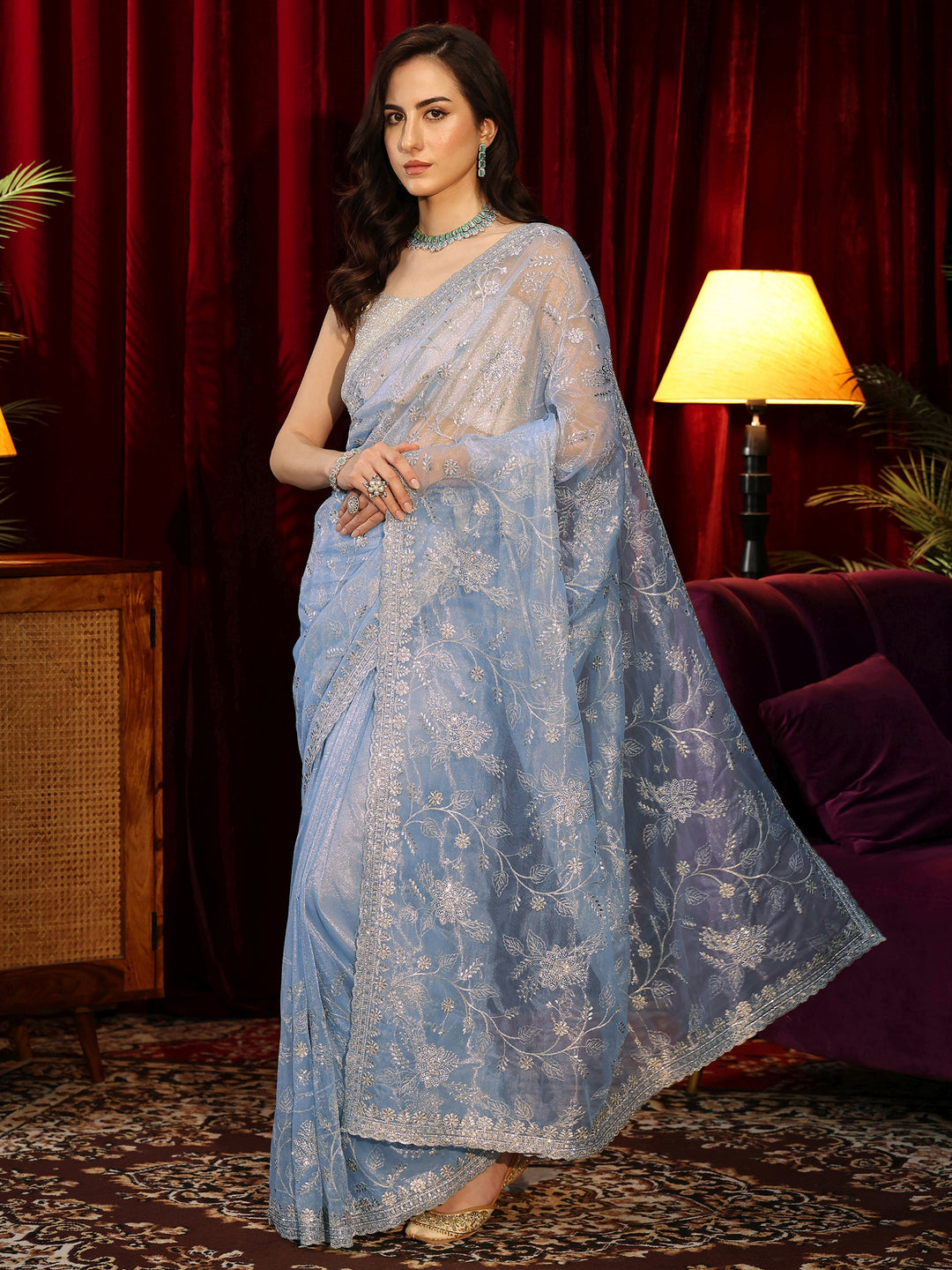  Periwinkle Blue Floral Embellished Net Saree 