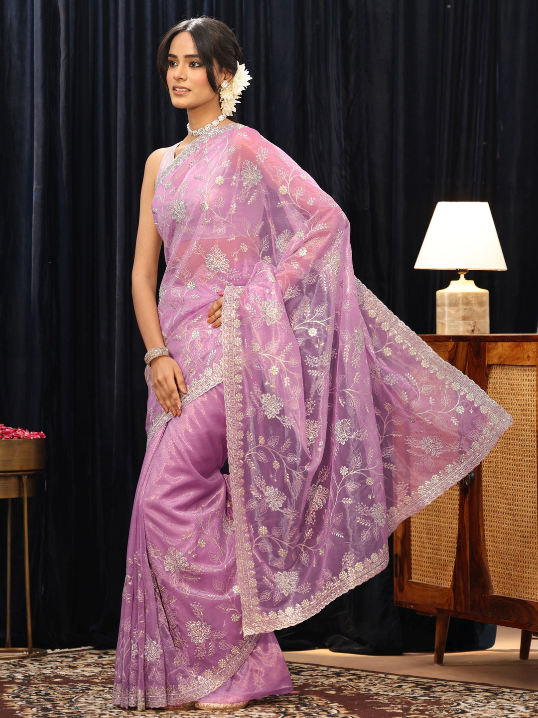  Lilac Floral Embellished Net Saree 