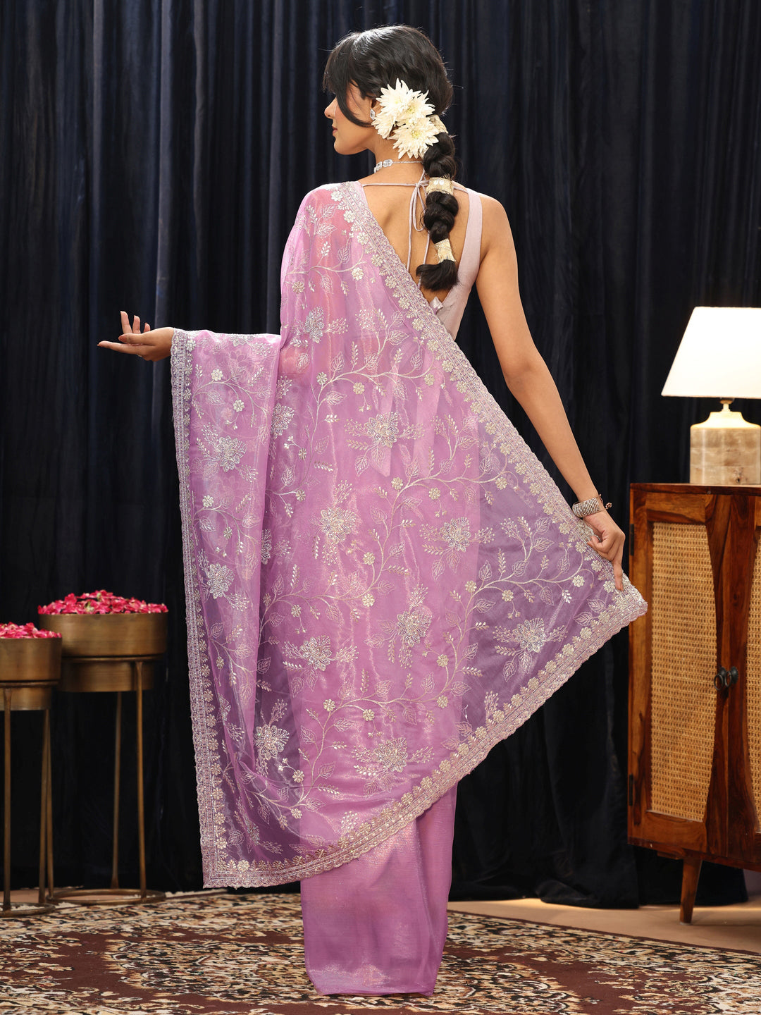  Lilac Floral Embellished Net Saree 