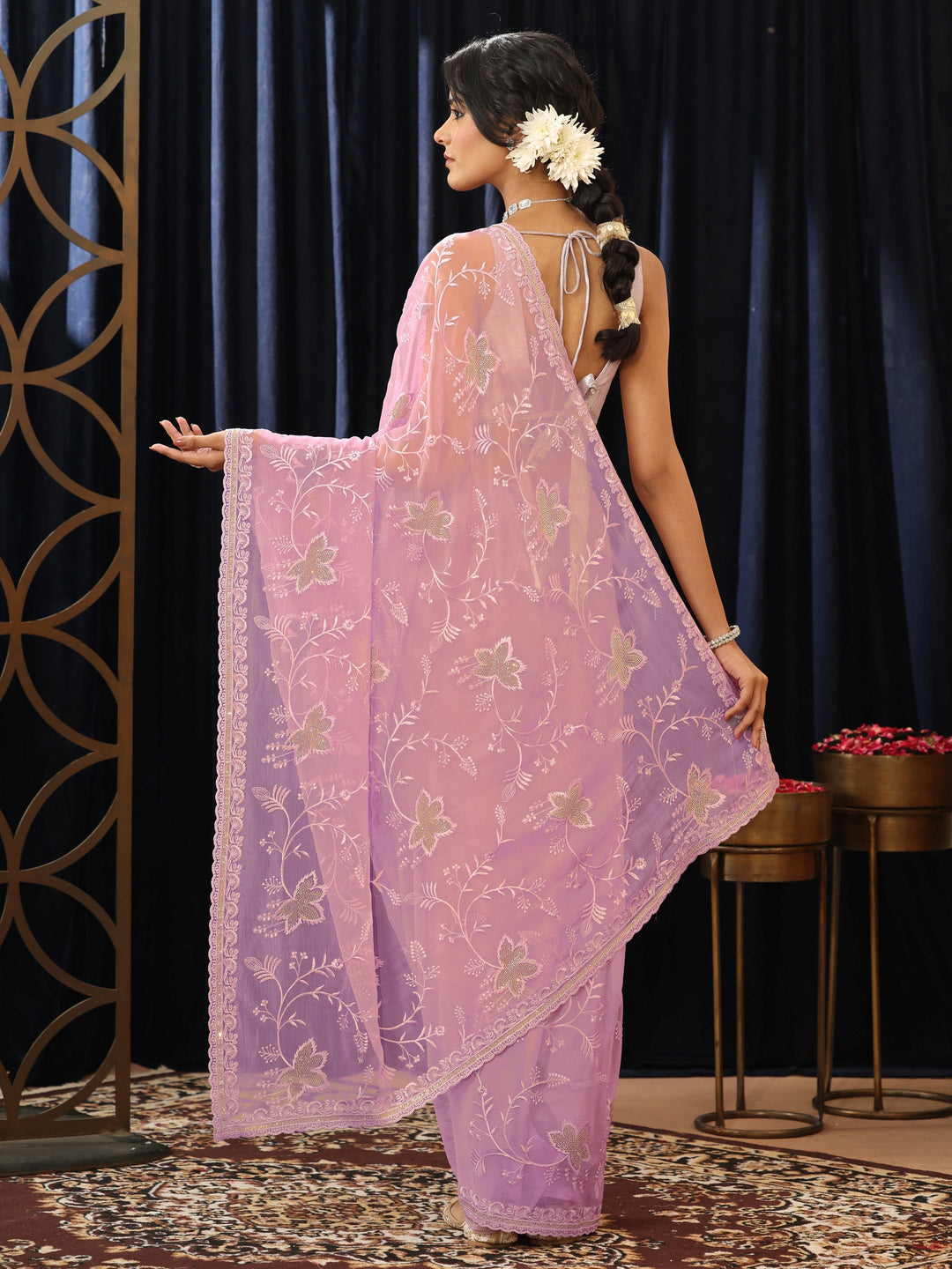  Lilac Floral Embellished Chiffon Saree 