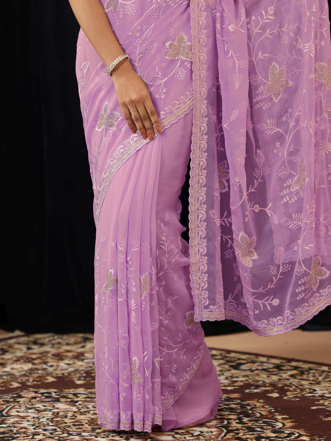  Lilac Floral Embellished Chiffon Saree 