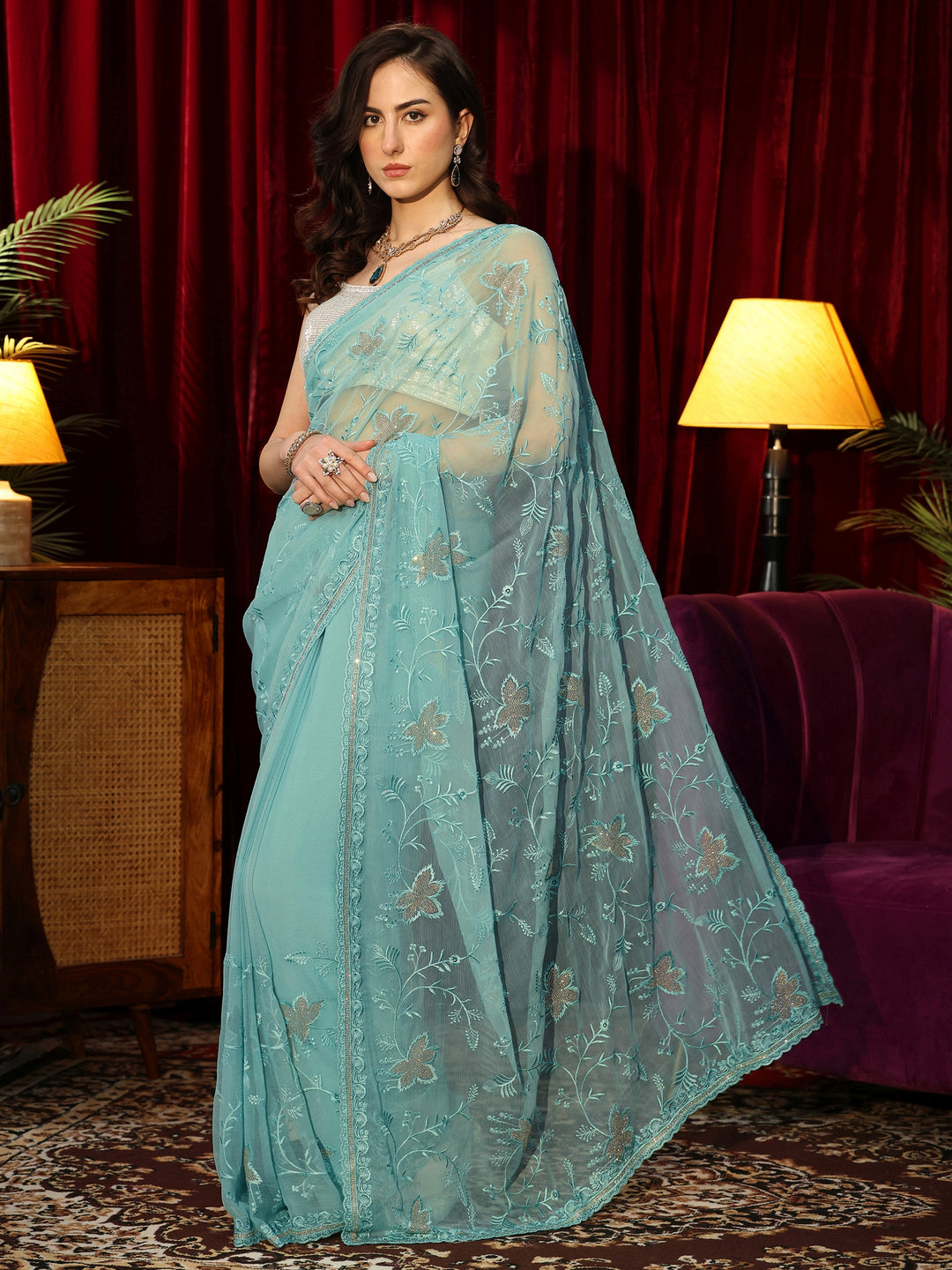  Sky Blue Floral Embellished Chiffon Saree 