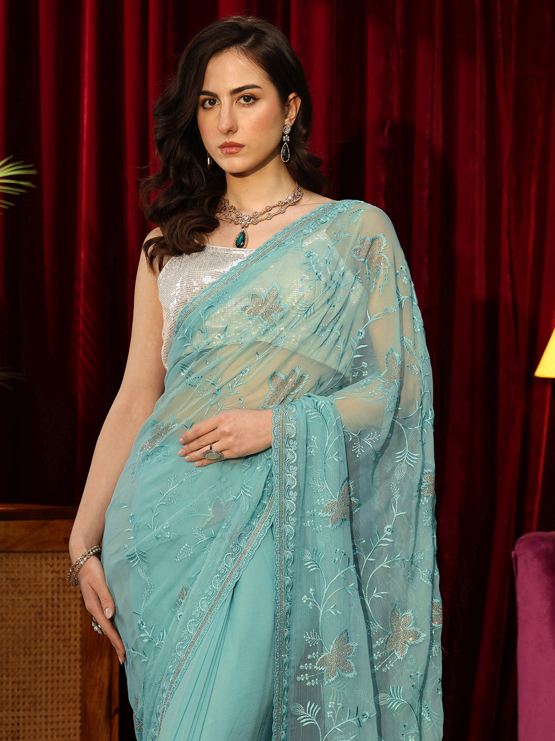  Sky Blue Floral Embellished Chiffon Saree 