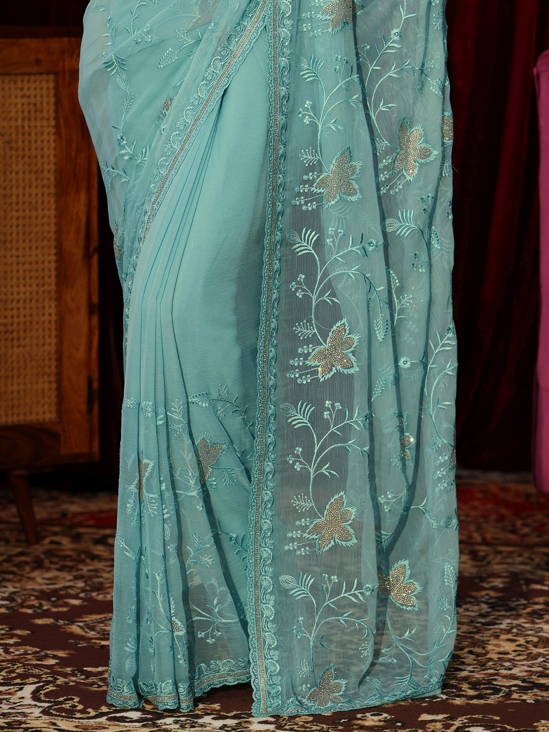  Sky Blue Floral Embellished Chiffon Saree 