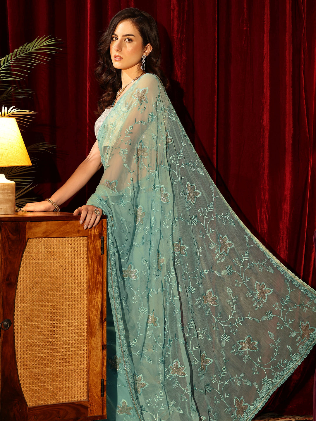  Sky Blue Floral Embellished Chiffon Saree 