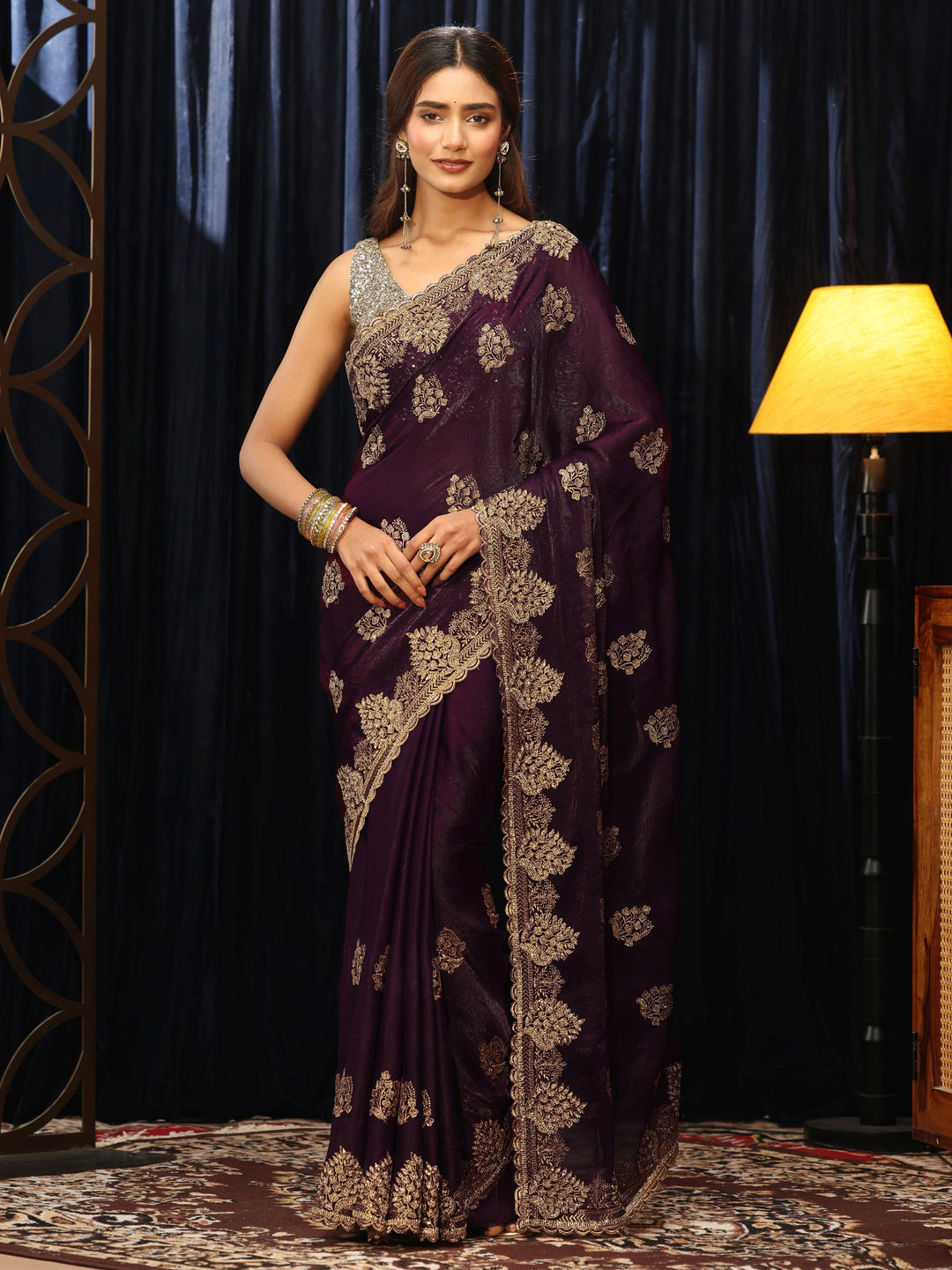  Burgundy Floral Embellished Tissue Saree 