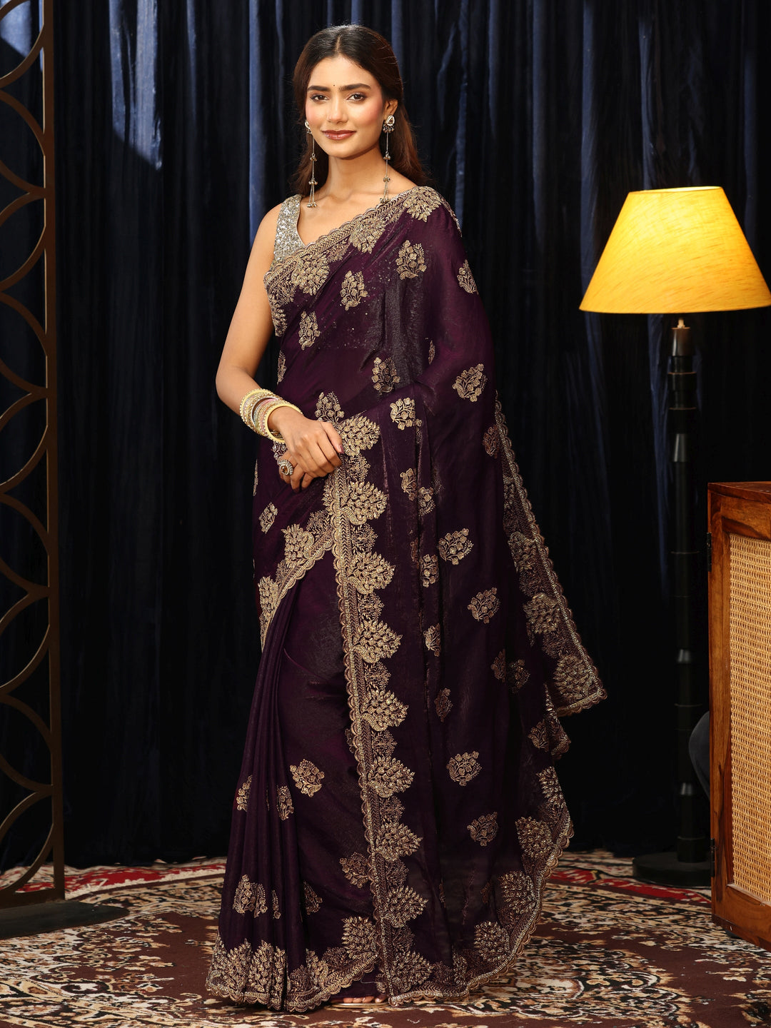 Burgundy Floral Embellished Tissue Saree 