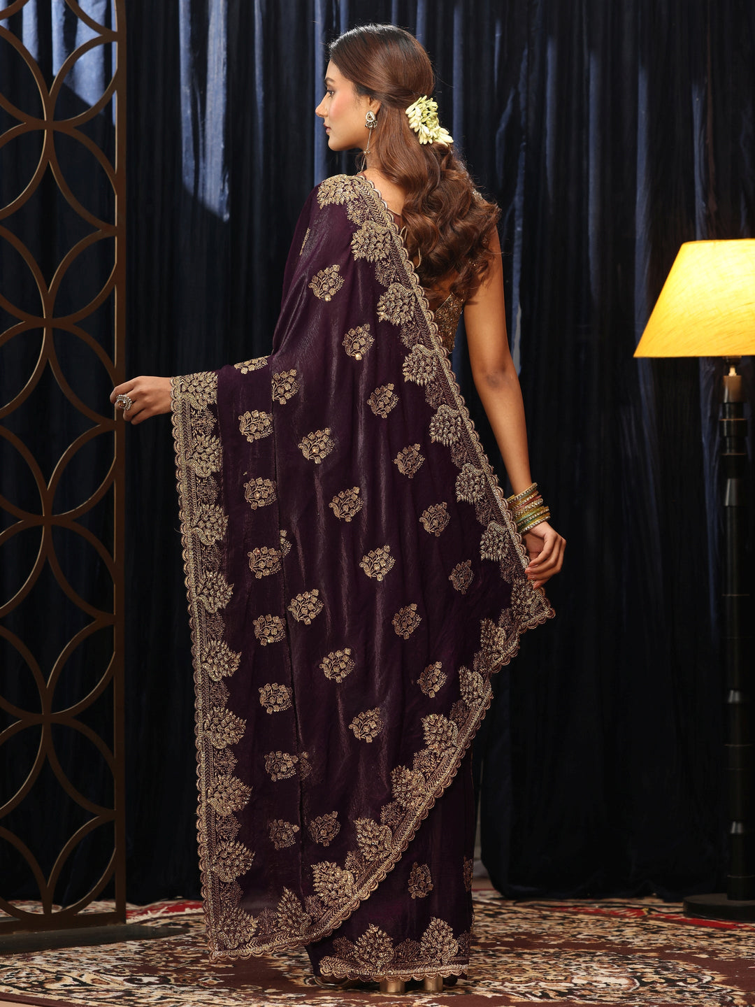  Burgundy Floral Embellished Tissue Saree 