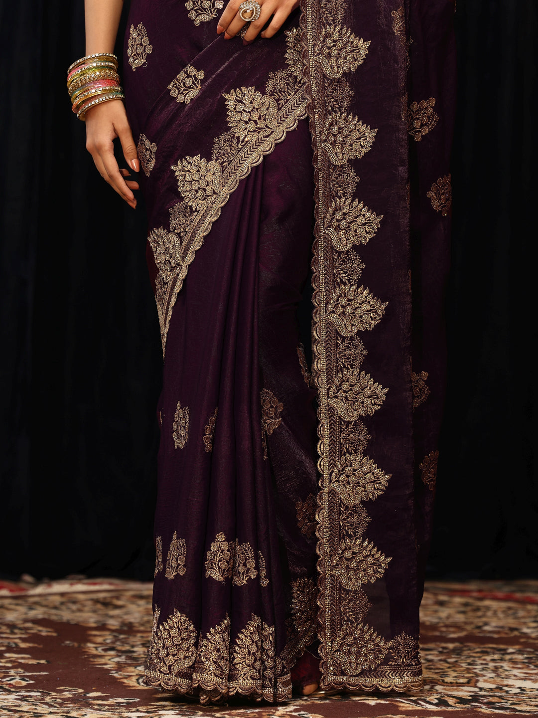  Burgundy Floral Embellished Tissue Saree 