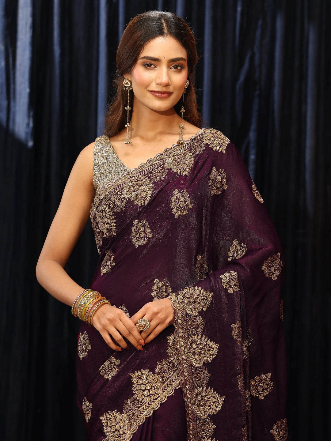  Burgundy Floral Embellished Tissue Saree 