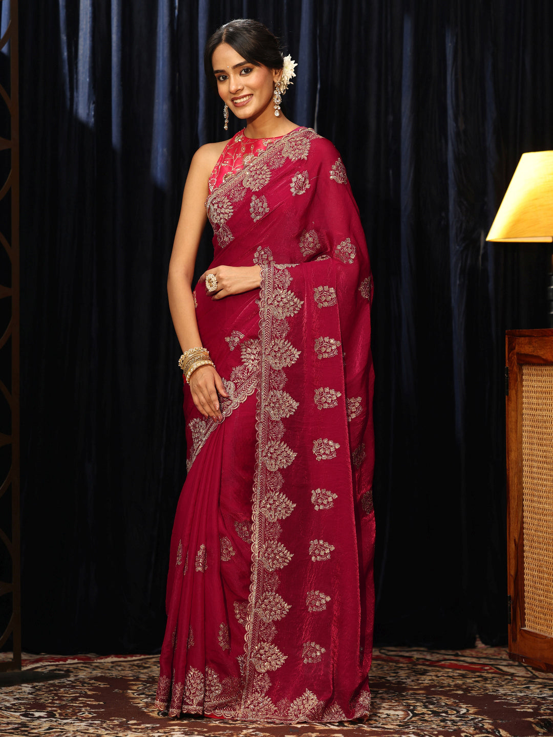  Rose Red Floral Embellished Tissue Saree 