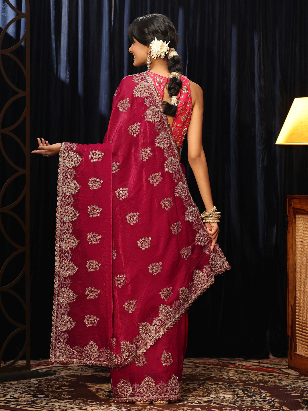  Rose Red Floral Embellished Tissue Saree 