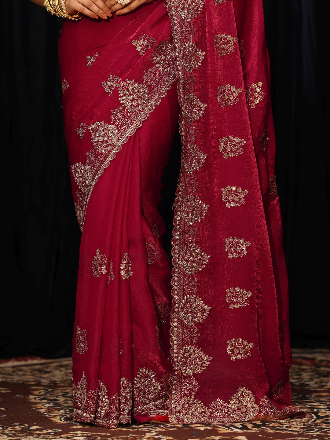  Rose Red Floral Embellished Tissue Saree 