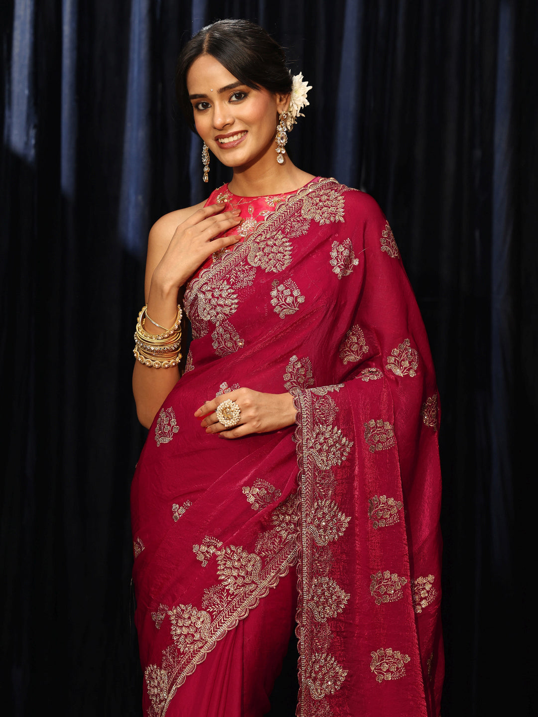  Rose Red Floral Embellished Tissue Saree 