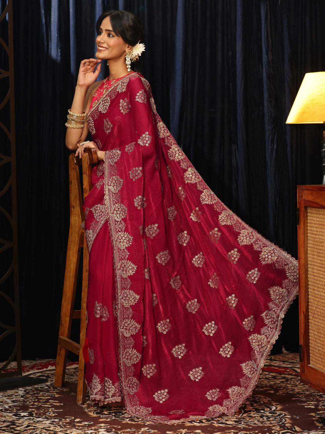  Rose Red Floral Embellished Tissue Saree 