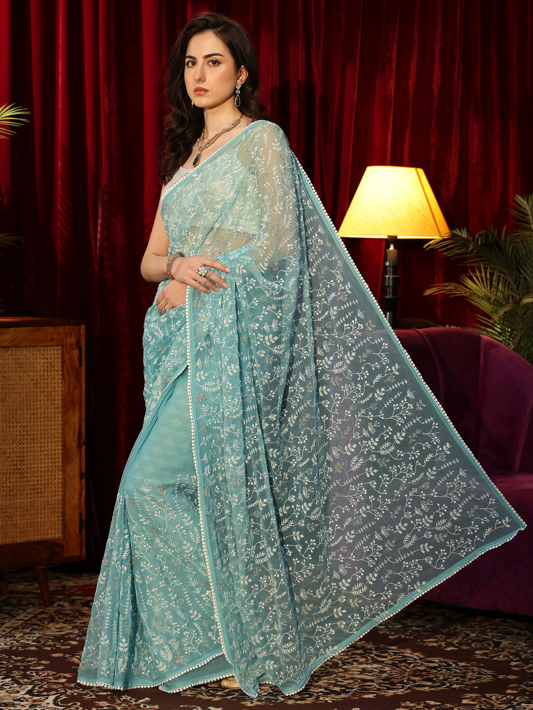 Ocean Blue Floral Embroidered Chiffon Saree 