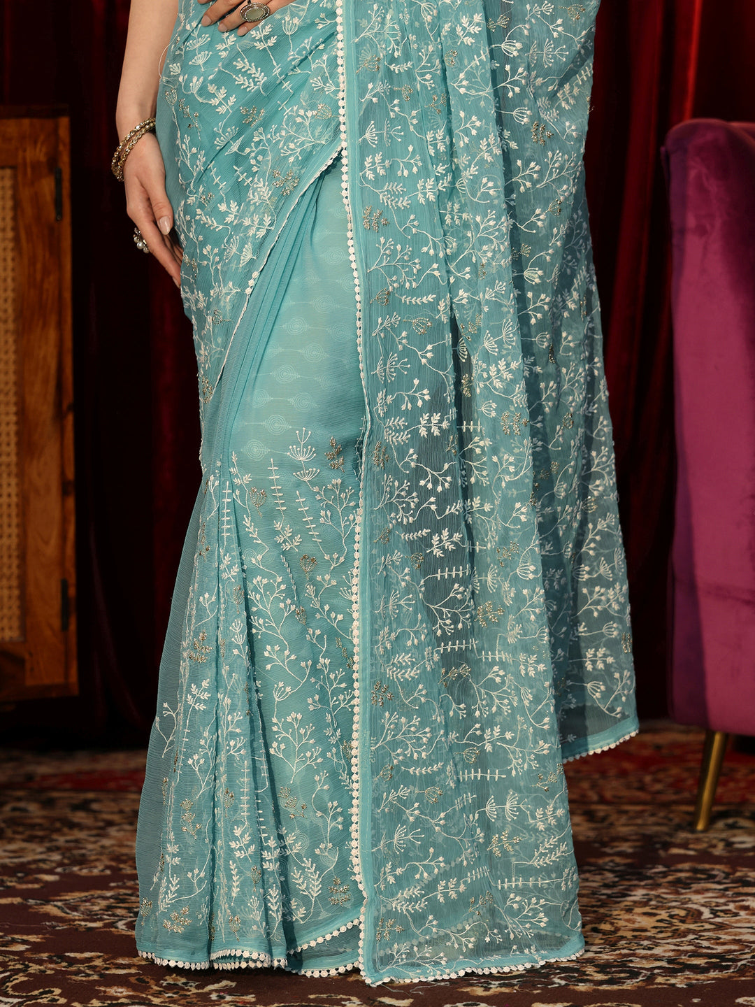  Ocean Blue Floral Embroidered Chiffon Saree 