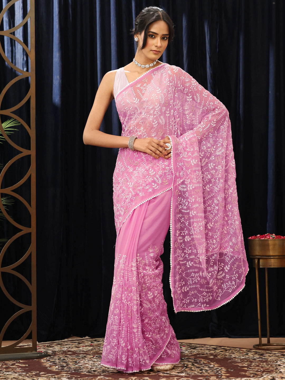  Peony Pink Floral Embroidered Chiffon Saree 