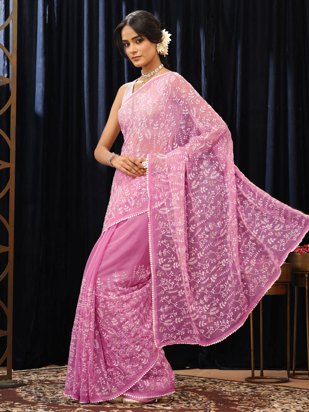  Peony Pink Floral Embroidered Chiffon Saree 
